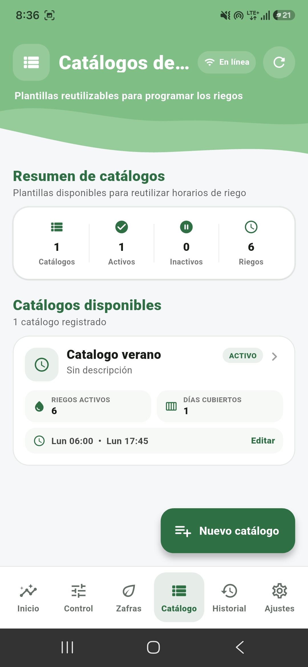 Catálogo y programación de riegos de la aplicación FVH